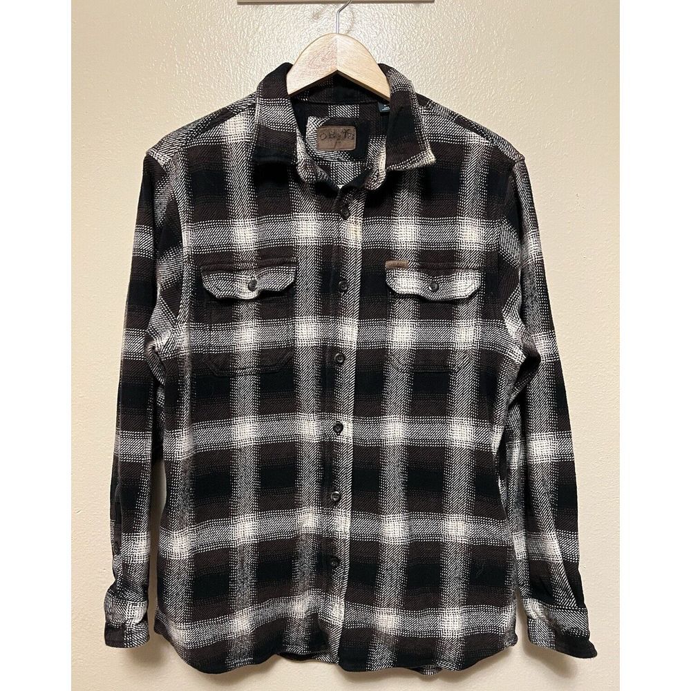Orvis Flannel Shirt Shacket Brown Black Plaid Heavy Pockets Jacket Mens Sz M EUC